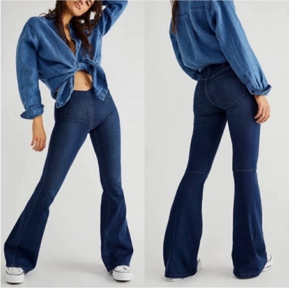 We The Free Penny Pull-On Flare Jeans Sz 26 Dark Wash Boho Festival Stretch